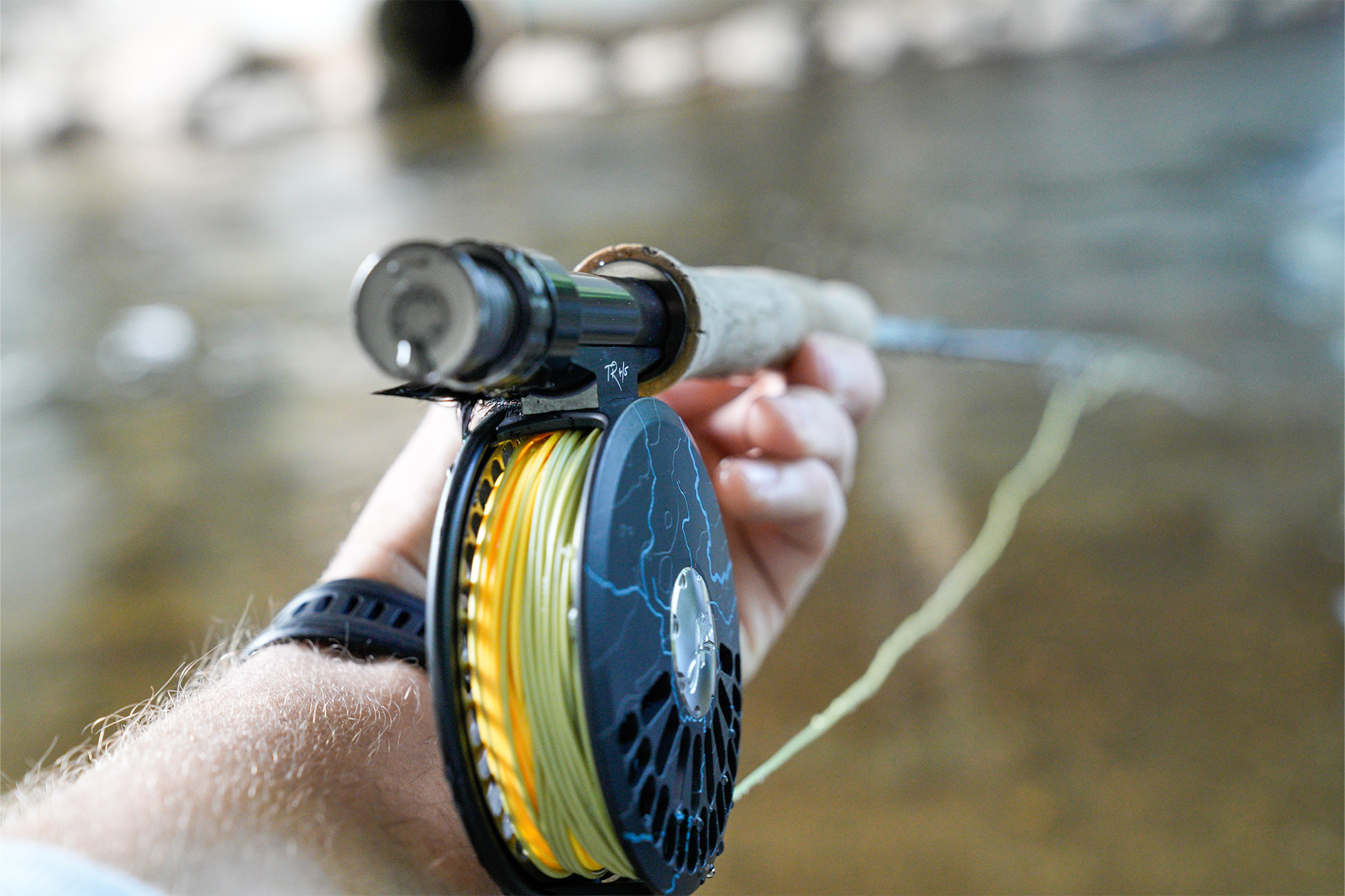 Close-up of the reel and rod held forward, showing the yellow and blue fly line