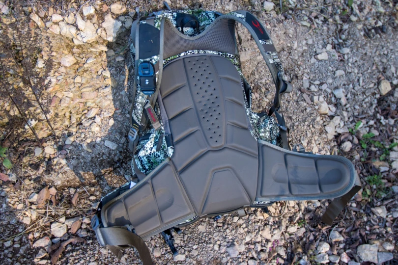 The back panel of a hunting backpack