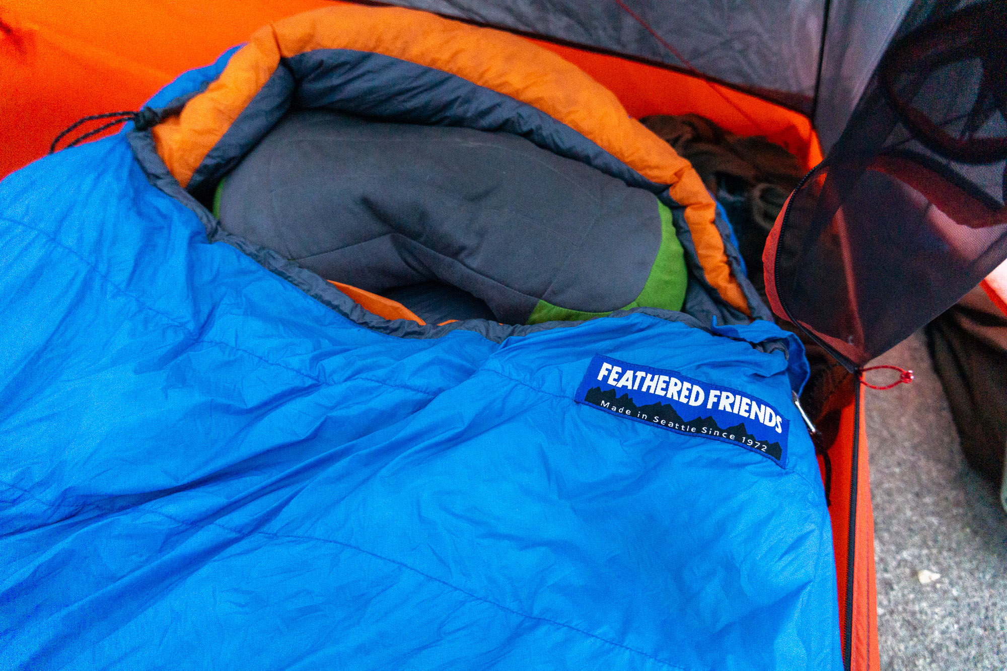 the feathered friends swallow sleeping bag set up in a slingfin tent in washington state