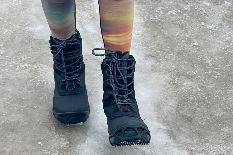 TNF Chilkat with traction devices and on ice