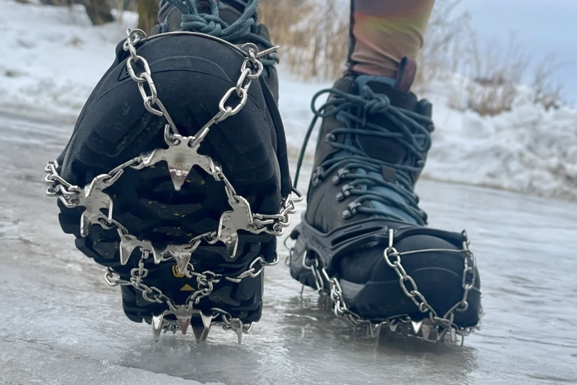 TNF Chilkat with traction devices and on ice