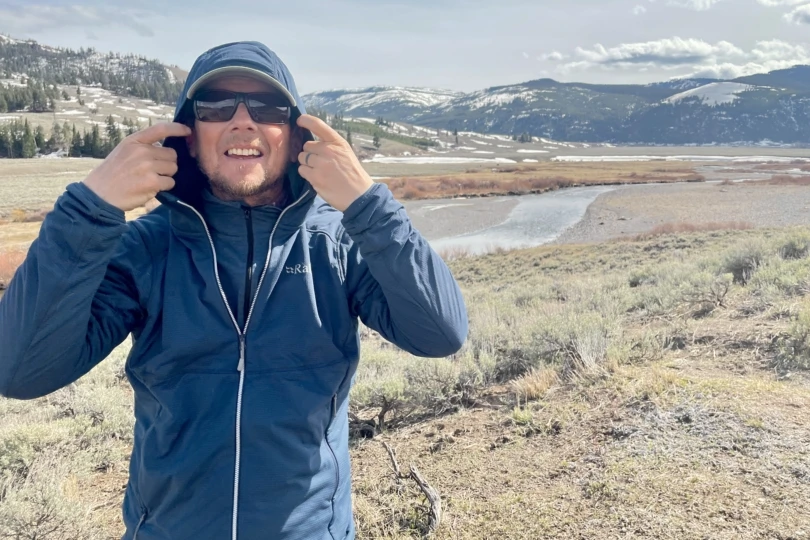 Man wearing the Rab Evolute Hoody