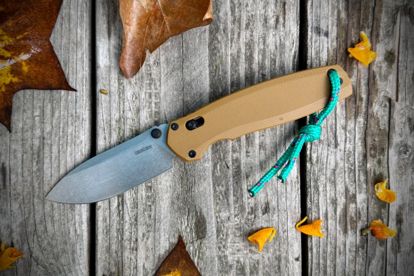 The knife rests open on a wooden surface surrounded by autumn leaves