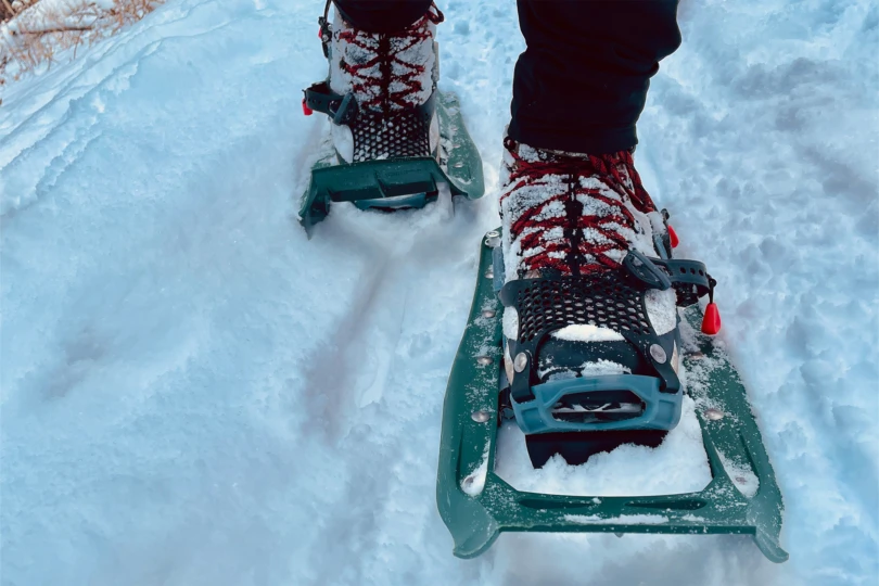 Close-up of MSR Evo Trail bindings covered in snow on a winter trail
