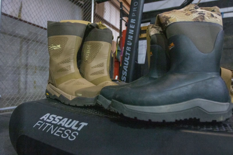 Two pairs of SITKA waders on a treadmill