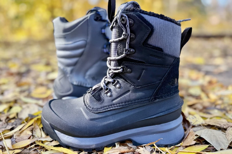 North Face Chilkat V 400 boots on some leaves