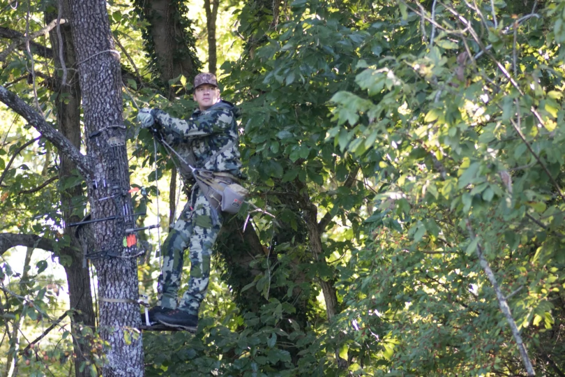 A hunter in a saddle style treestand
