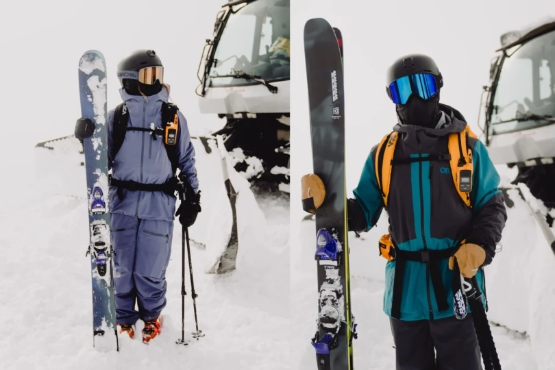 Side by side photos of two people ready to ski in the snow