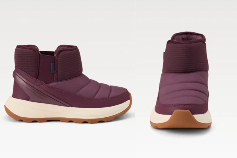 side by side shot of front and side of purple snow boot