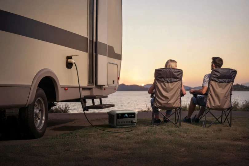 two people sit lakeside in camp chairs with RV plugged into power station