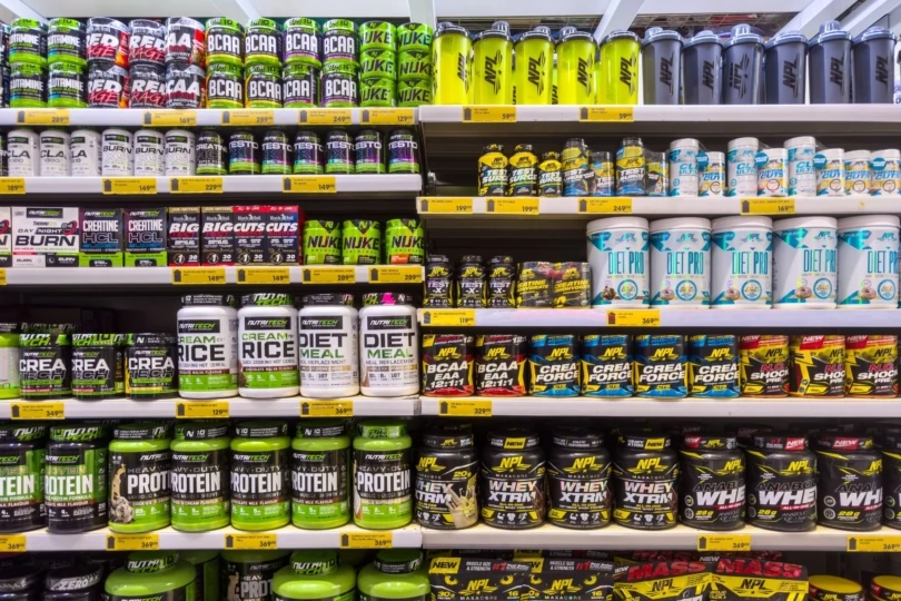 Line up of protein powders on shelf