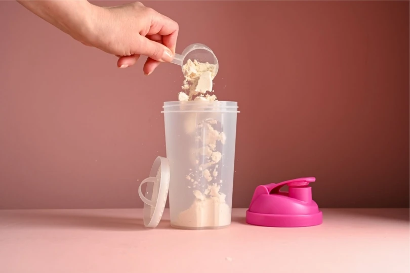 person pouring protein powder into shaker bottle