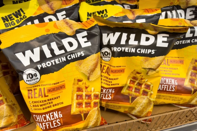 Close-up shot of Wilde protein chips on shelf