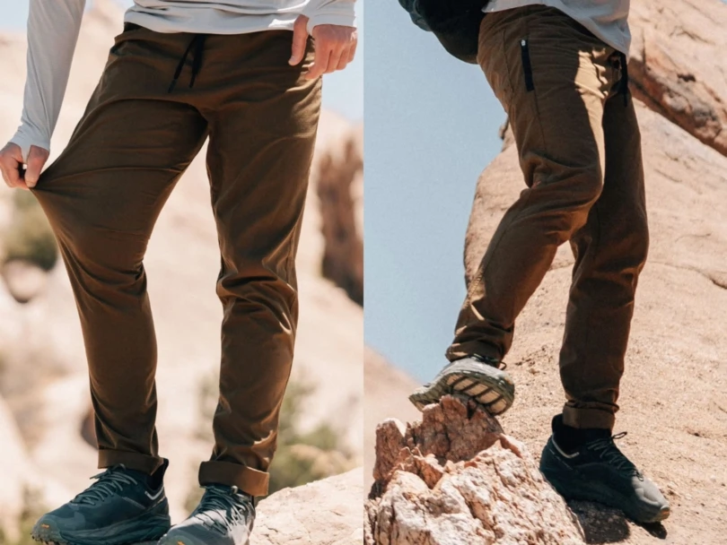 Side by side of person wearing brown hiking pants outside