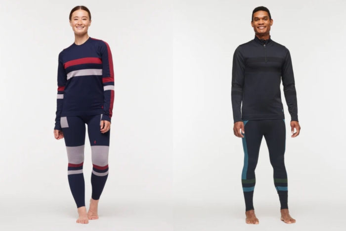 Side by side of woman and man in base layers with stripes