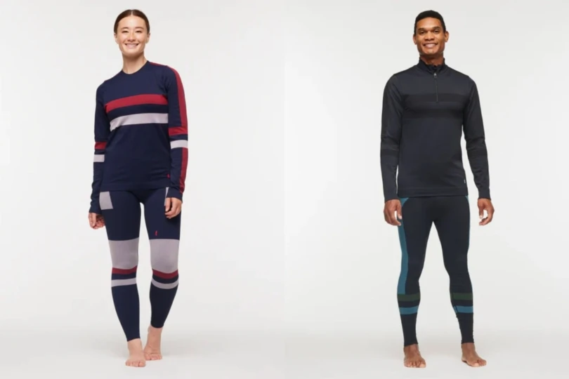 Side by side of woman and man in base layers with stripes