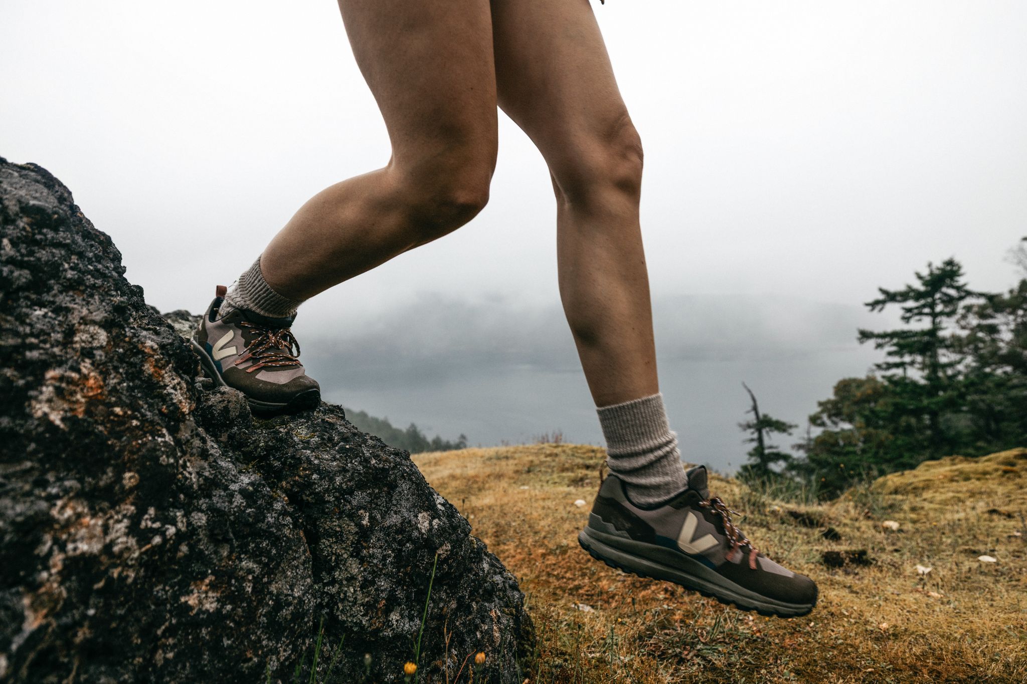 Person steps off rock wearing brown hiking shoes