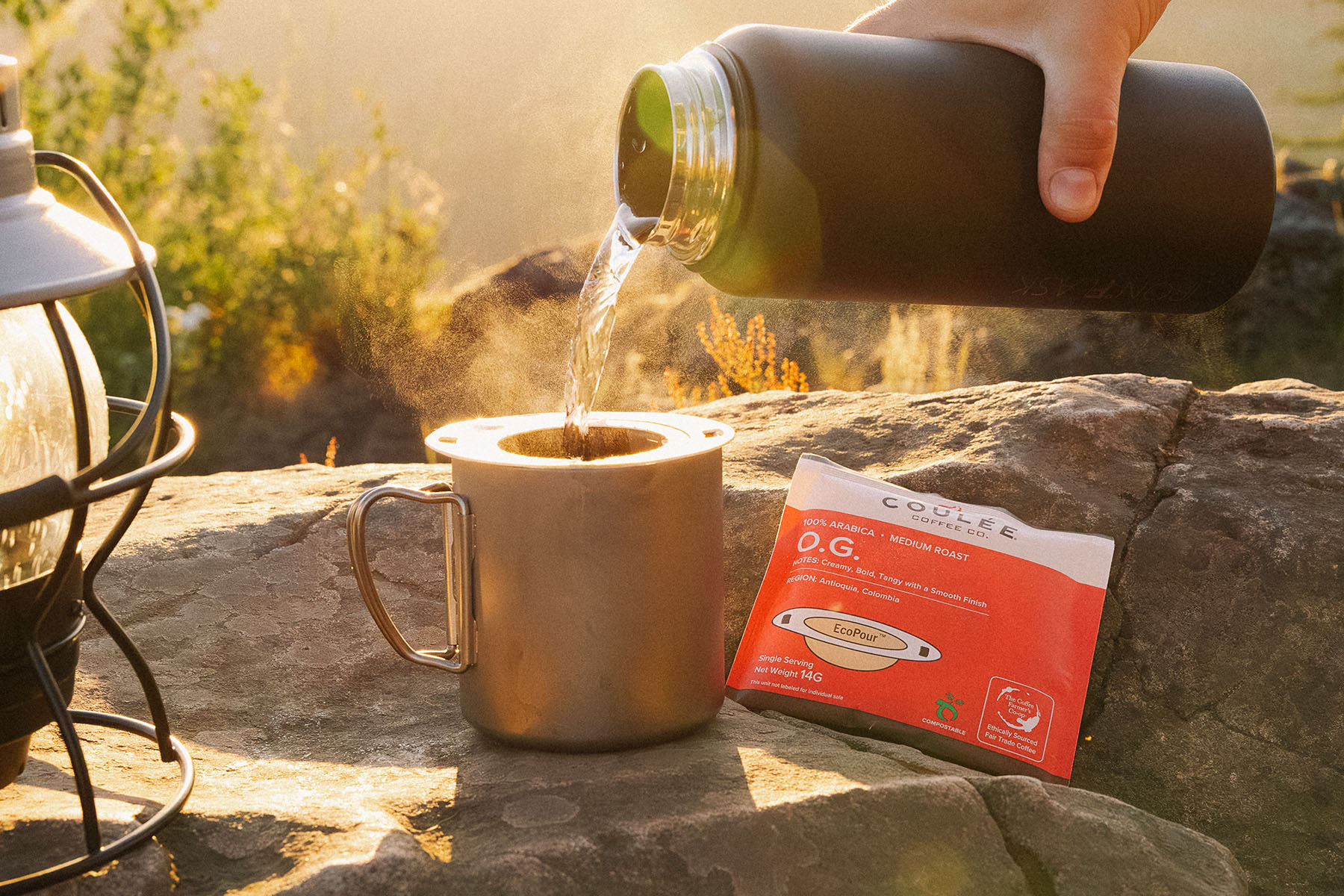 pouring coffee from thermos into coulee coffee pour over