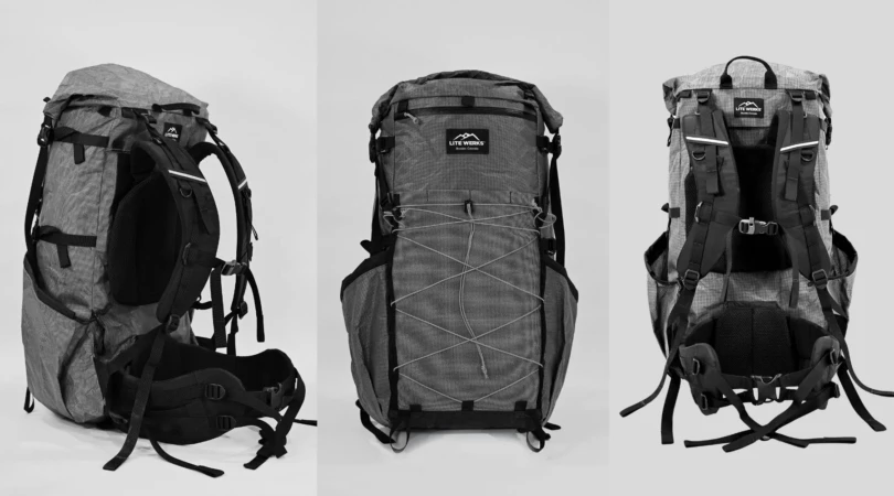 side by side shot of side and front of black backpack