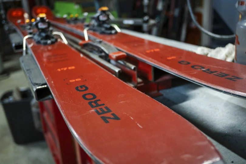 Blizzard Zero G 96 skis in a workshop, ready for tuning and waxing