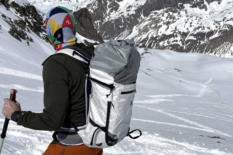 The author testing the Raide Research LF 30L in the Alps; (photo/Steve Graepel)