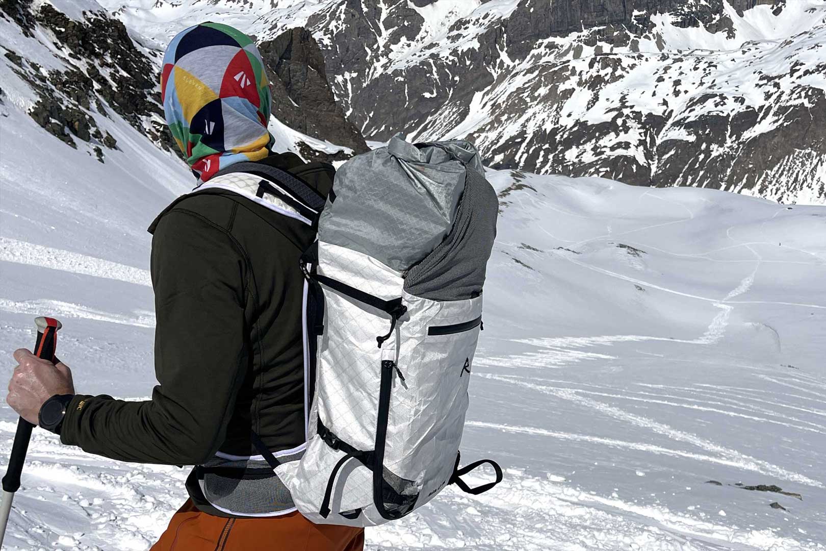 The author testing the Raide Research LF 30L in the Alps; (photo/Steve Graepel)
