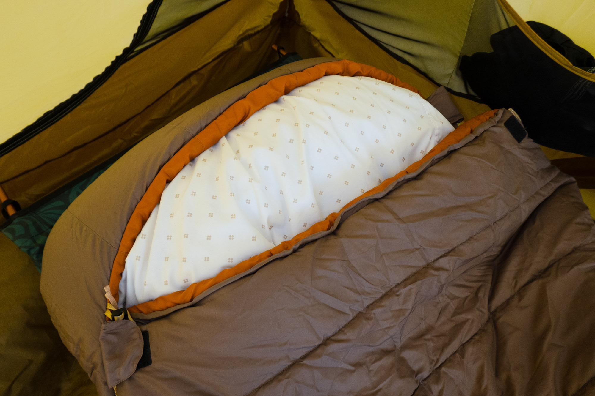 the author's pillow in the sleeping bag hood