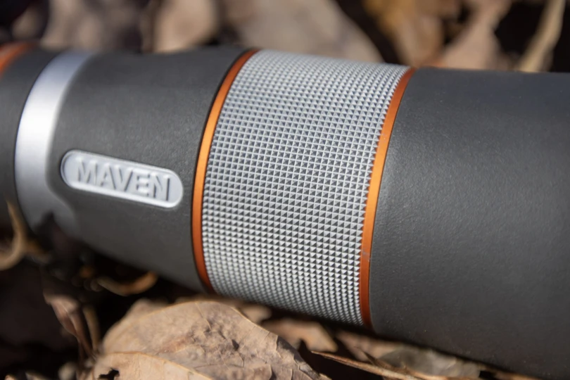 A close up view of the focus wheel on a monocular.