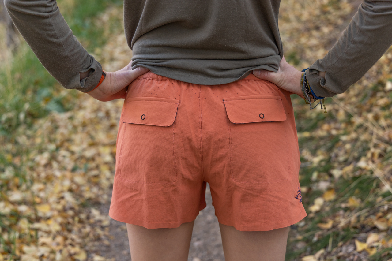 The back of Rabbit High Country Shorts with two flap pockets visible