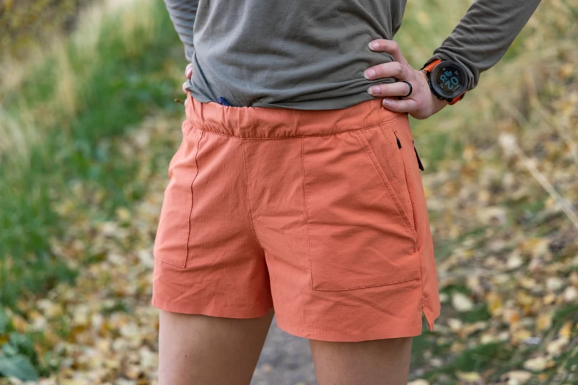 A close-up of Rabbit High Country Shorts showing the front pockets and elastic waistband