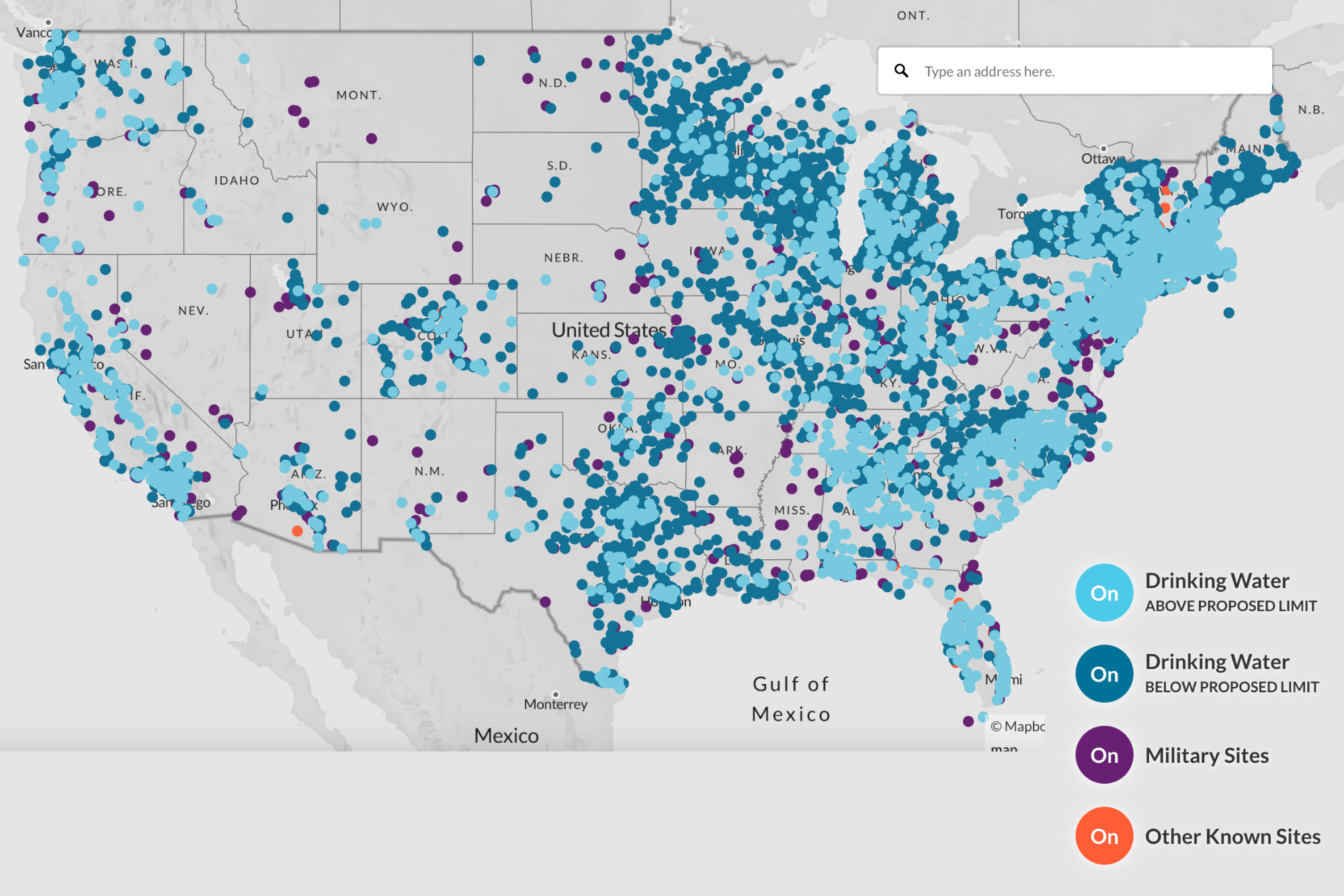 Map showing PFAS water contamination in US