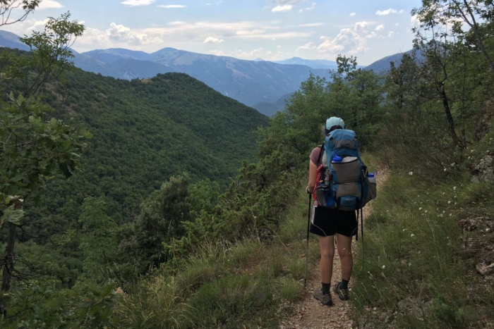 View of hiker on trail from behind