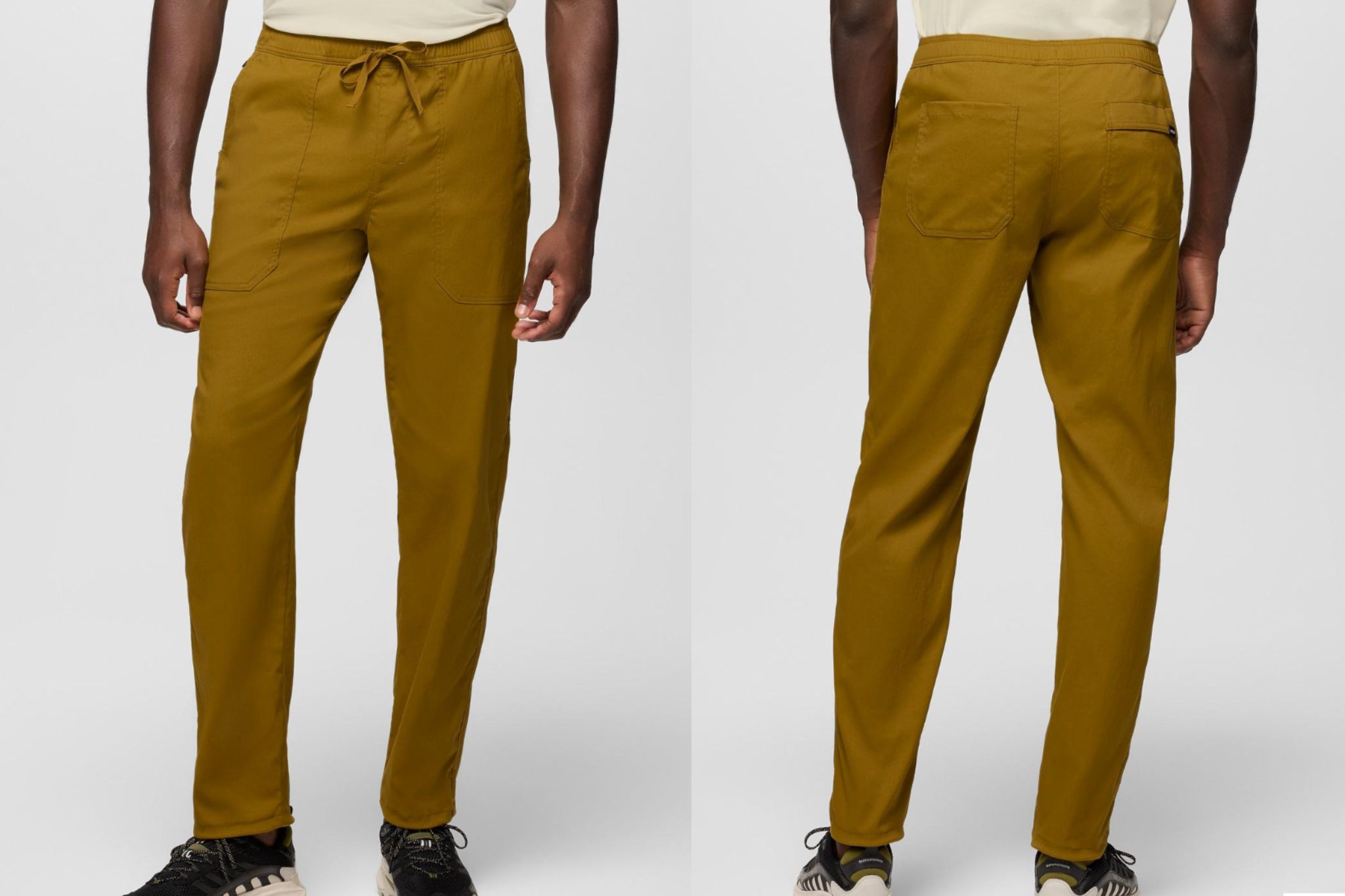 side by side photos showing front and back of tan outdoor pants