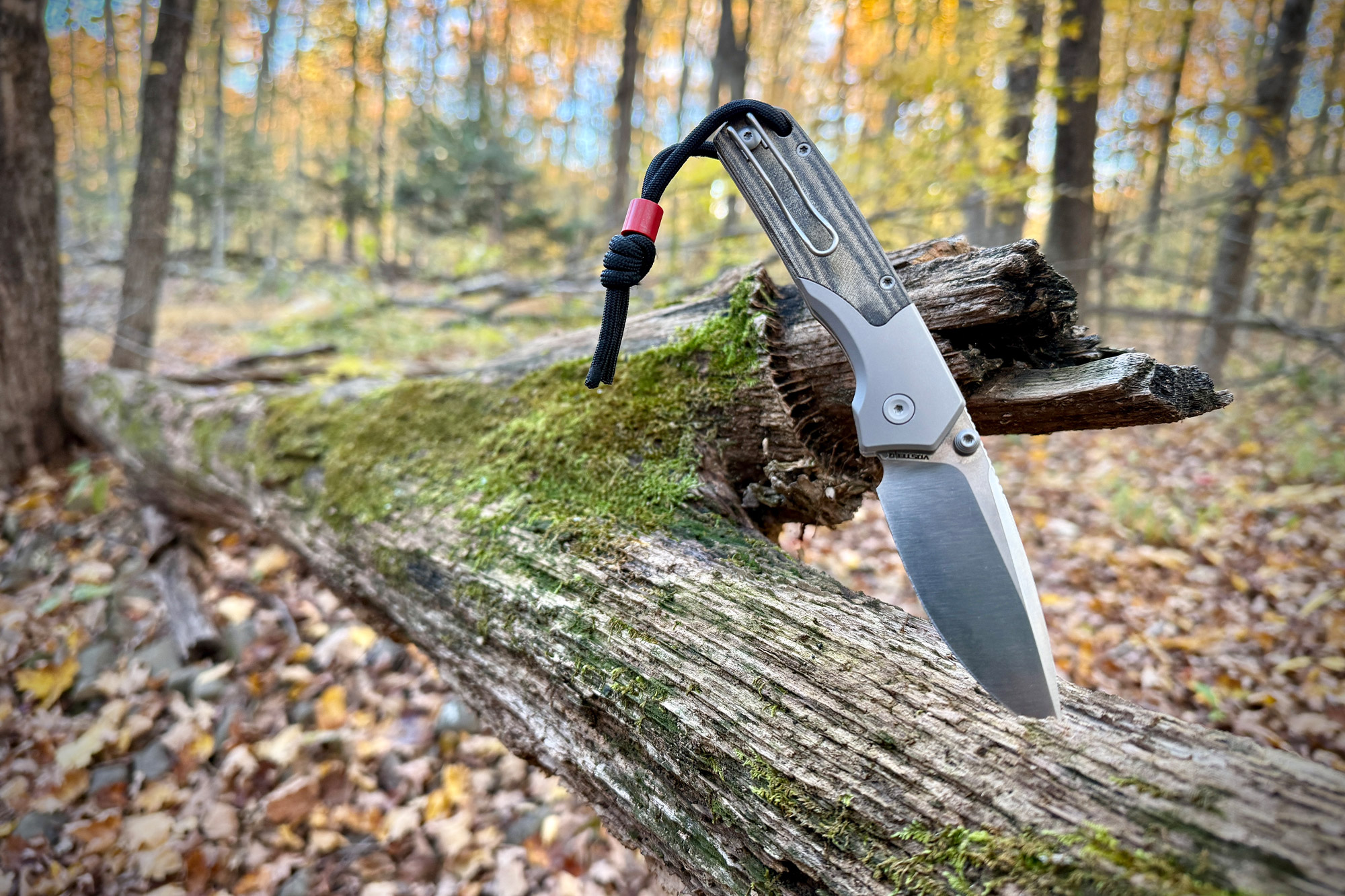 The Vosteed Psyop 299 balanced on a mossy fallen log in the woods