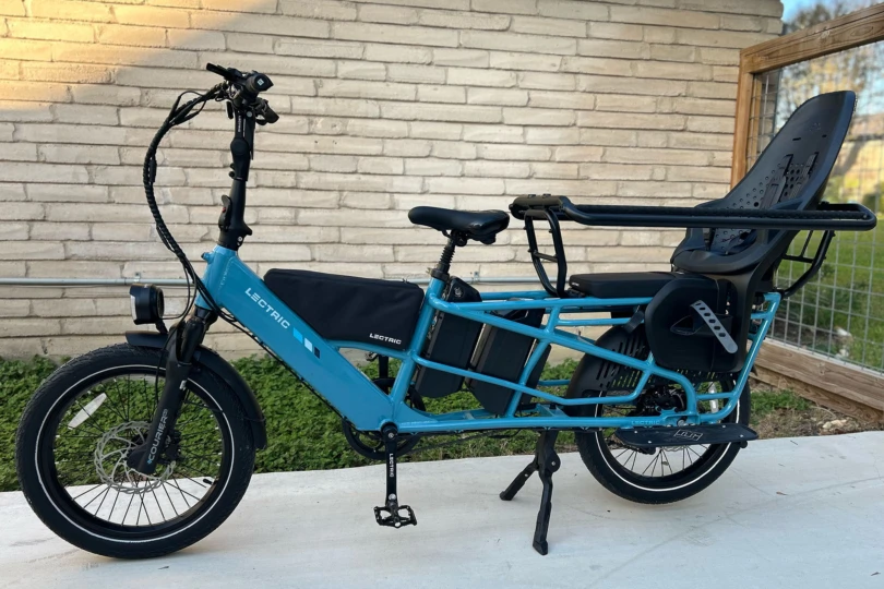 Lectric e-bike parked in front of house