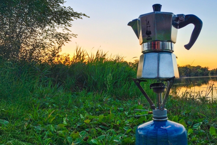 moka pot coffee maker by lake