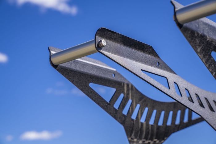 Close-up of the aluminum tire basket on the 1Up Recon rack