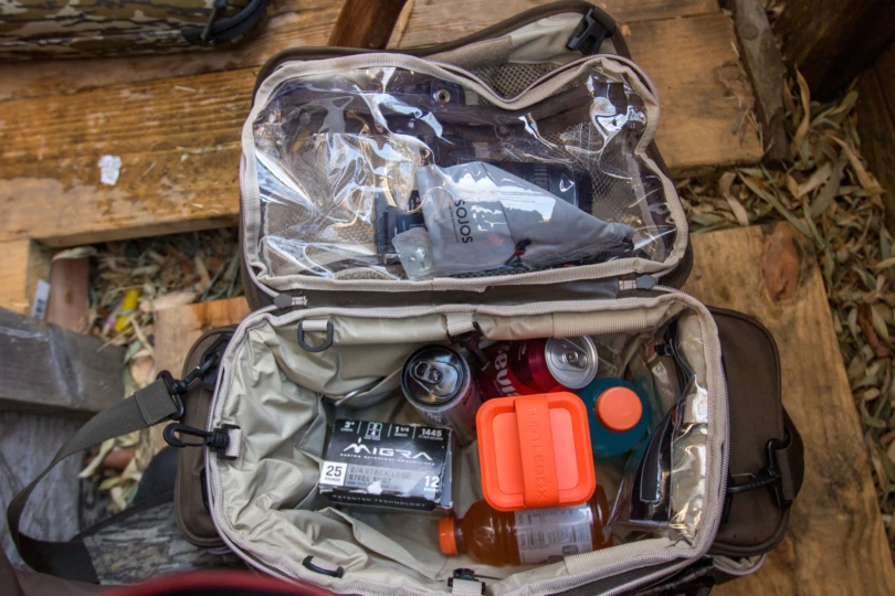 The Drake Waterfowl large blind back opened up, revealing the internal contents.