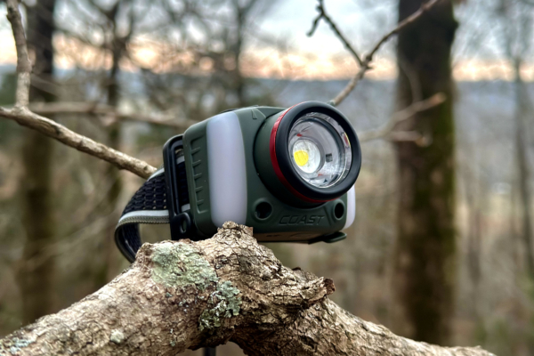 The sun setting behind a hill behind the Coast FL97R headlamp resting on a branch.