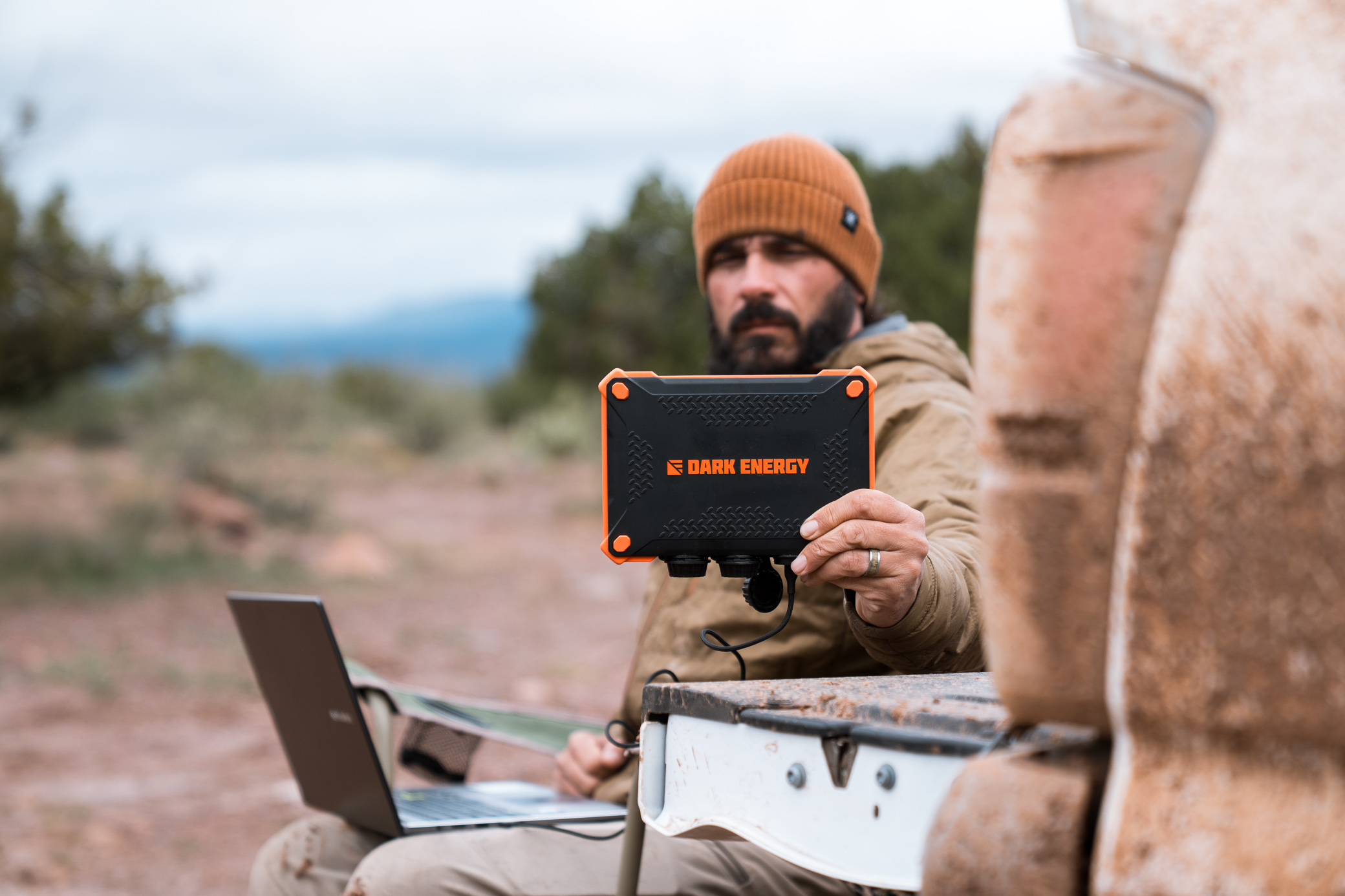 Showing the portable power pack during use at camp