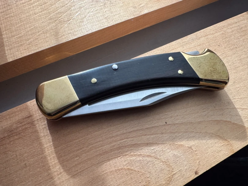 the closed buck 110 knife on a wooden table