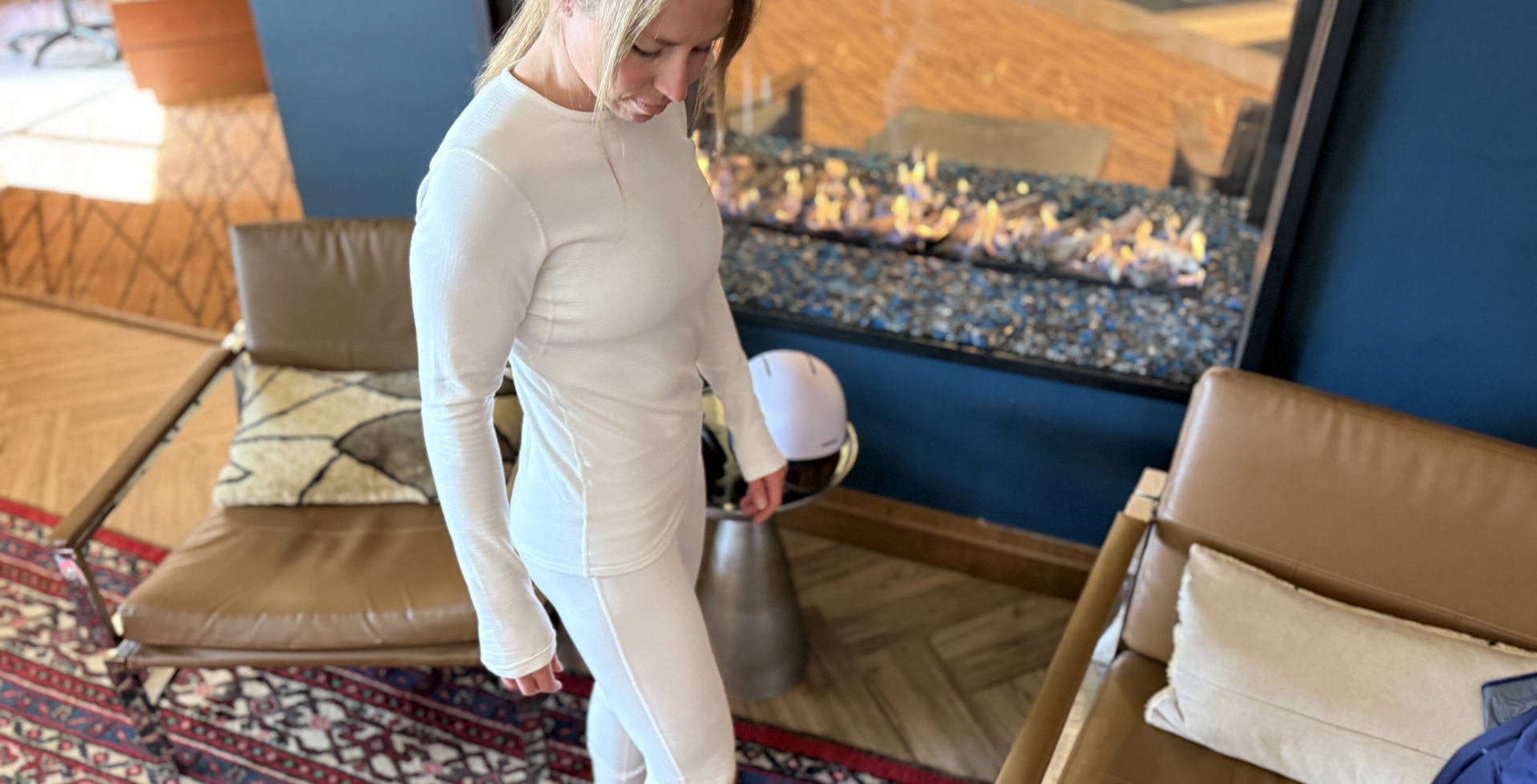 Senior Editor Morgan Tilton testing the Le Bent Grid Fleece Top and Bottom women's base layers at Crested Butte Mountain Resort_BC Dane Tudor