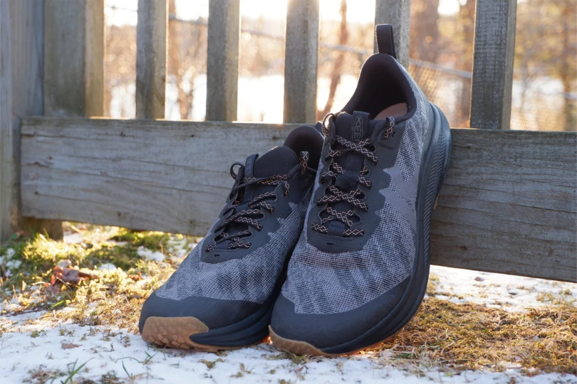 A pair of dark shoes placed side by side on snowy grass near a fence