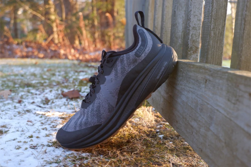 A single shoe leaning against a wooden fence in winter light