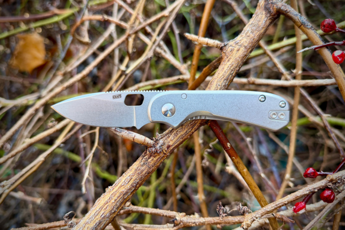 The Lander 5 knife balanced on dry branches with the blade open