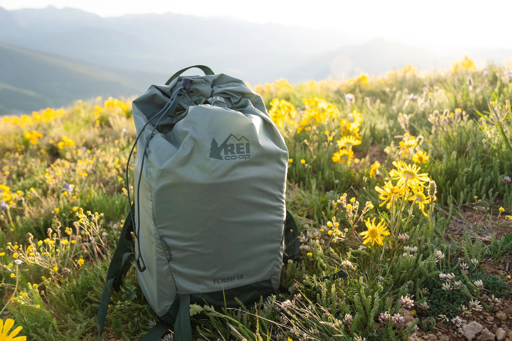 the flash 18 daypack in a field of flowers in colorado
