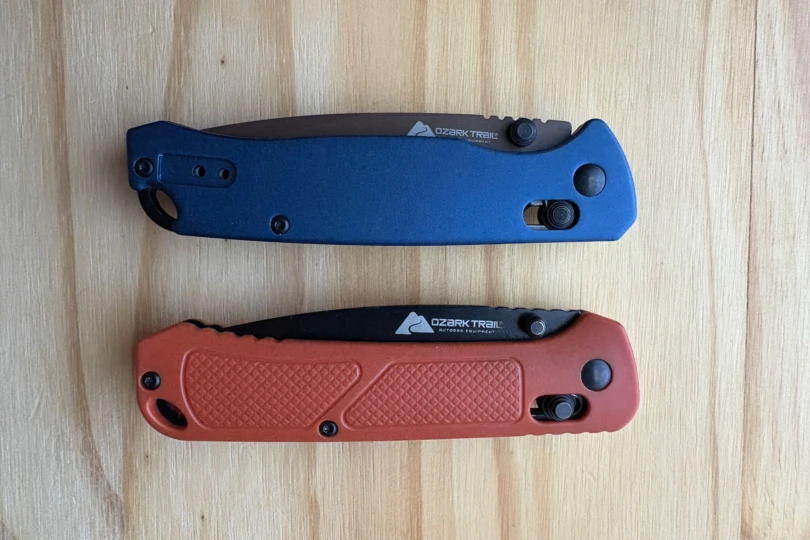Two Ozark Trail folding knives shown side by side in different handle colors