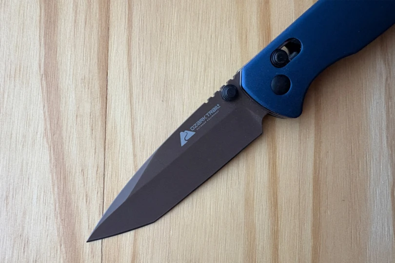 The Ozark Trail Tanto knife opened to show the tanto-style blade