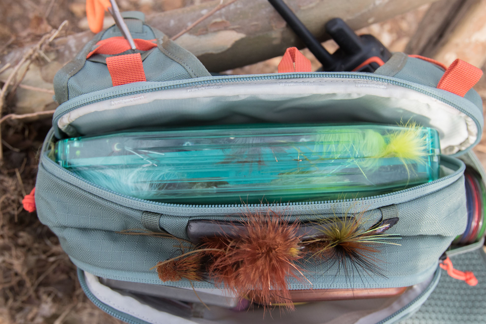 A streamer box inside Umpqua Northfork Chest Pack holding a large streamer box