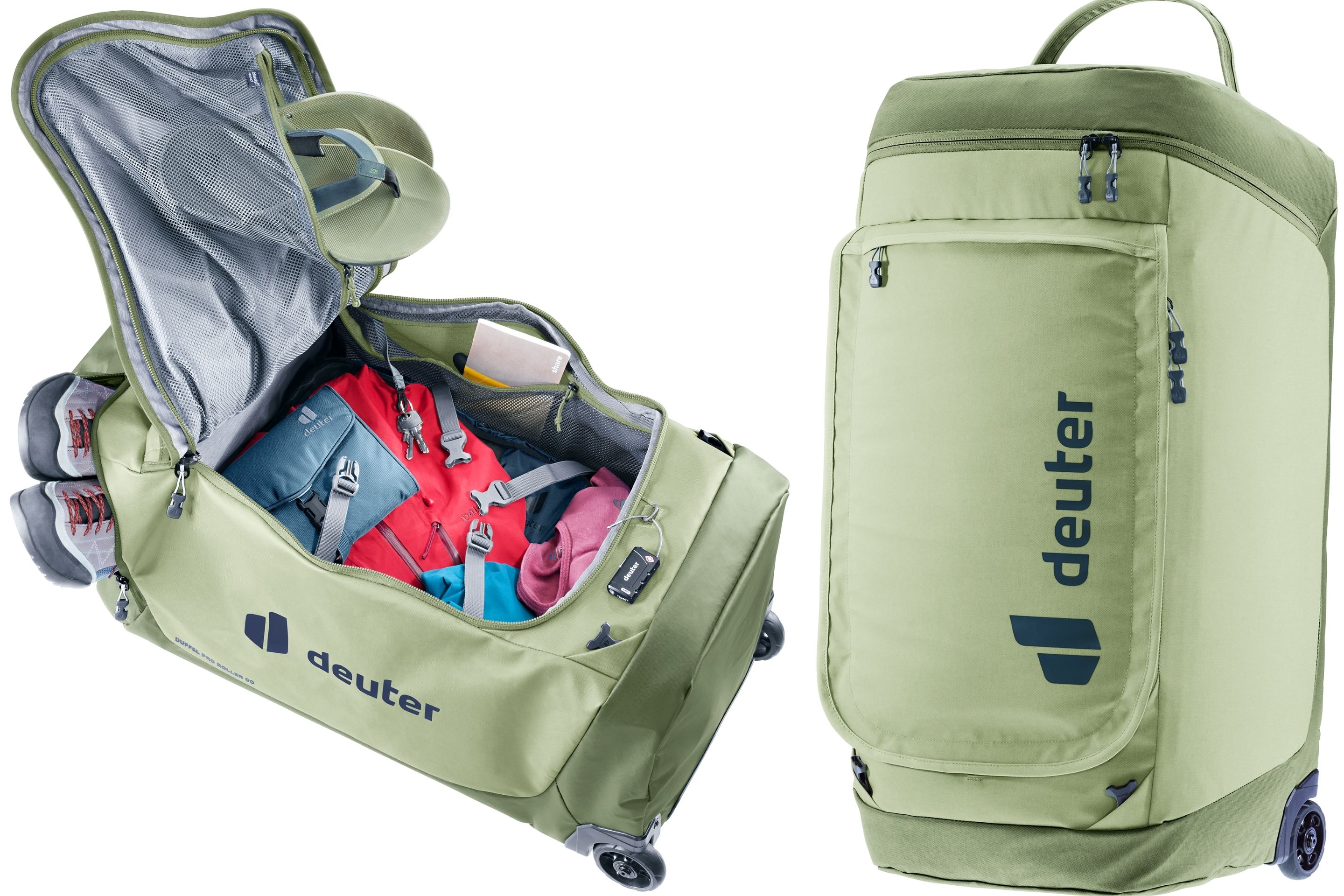 side by side images of duffel bag being packed and duffel bag upright